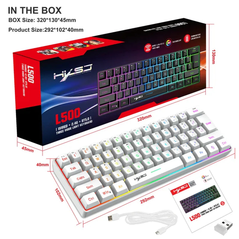 L500 Wired/Wireless Connection Gaming Keyboard 61 Keys Compact Computer Keyboard Type C Connection Mechanical Keyboard with Dyna